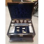Victorian ladies travelling case and contents, with Mother of Pearl cartouche and escutcheon, and