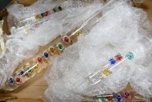 A collection of varying length Galileo type glass thermometers, longest 59cm
