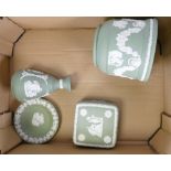 Small Collection of Sage Green Wedgwood Jasperware including vase, planter, lidded box & pin dish