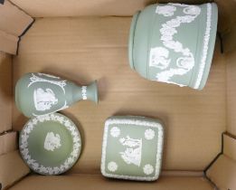 Small Collection of Sage Green Wedgwood Jasperware including vase, planter, lidded box & pin dish