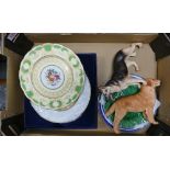 George Jones cabinet plate , Franklin mint boxed Christmas plate , two china dogs etc ( 1 tray)