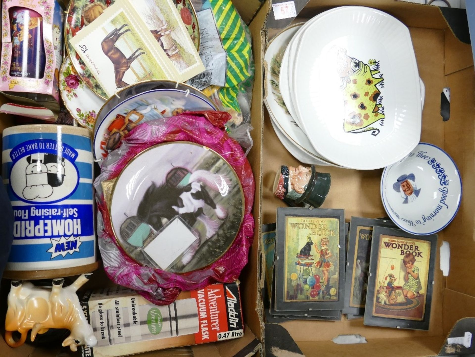 A mixed collection of items to include Mid Century Beefeater then plates, repro framed pictures,