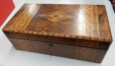 Victorian inlaid burr walnut writing slope, 50cm x 27cm x 26cm, key present.