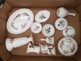 Wedgwood Hathaway Rose pattern items to include vases, dressing table items, candleholder, bells,