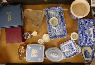 A mixed collection of items to include paperweights, Wedgwood jasperware lidded box, Spode Italian