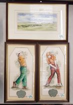 Golfing interest - Ben Hogan and Jack Nicklaus framed Maws tiles, together with a Denis Pannett
