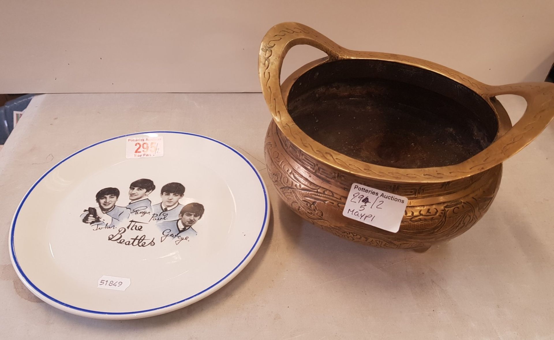 Brass Cauldron together with Vitreous Ironstone Beatles decorative wall plate (2)