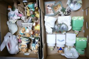 A mixed collection of items to include Novelty storage jars, Pendelfin figures, decorative ornaments