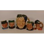 Royal Doulton small chatacter jugs Bacchus together with tiny jugs Bacchus, Mr. Micawber, Gone