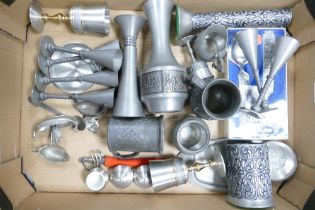 A collection of Pewter items to include vase, goblets, serving tray, etc together with other metal