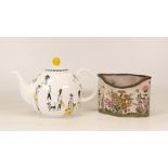 Boxed teapot with illustrations of Selfridges customers together with an oriental floral holder (2)