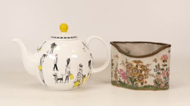 Boxed teapot with illustrations of Selfridges customers together with an oriental floral holder (2)