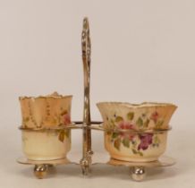 Carlton Ware Hibiscus patterned milk jug and sugar bowl in metal stand in the Hibiscus pattern,