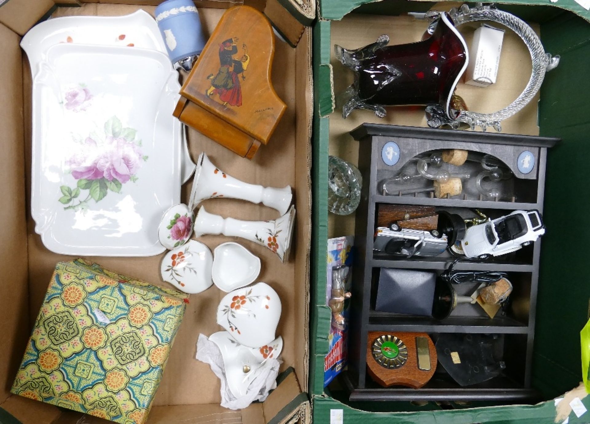 A mixed collection of items to include Wooden Wooden Display Cabinet with Wedgwood panels, art glass