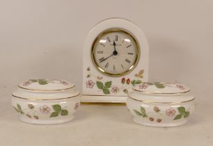 Boxed Wedgwood Wild Strawberry Pattern Lidded pots & Mantle Clock, height of clock 12cm(3)