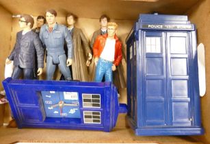 A Collection of Doctor Who Toys to include Tardis, Character Figures and a small Clock.