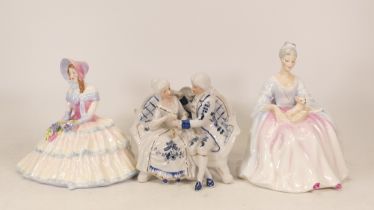Royal Doulton lady figures Charlotte HN2423, Daydreams HN1731 and continental figure of courting