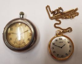 An Oris mechanical gold tone pocket watch with chain, together with a CYMA military pocket watch (