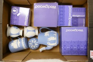 A Collection of Wedgwood Blue Jasperware Items to include Teapot, Mug, Vases, and a Quantity of