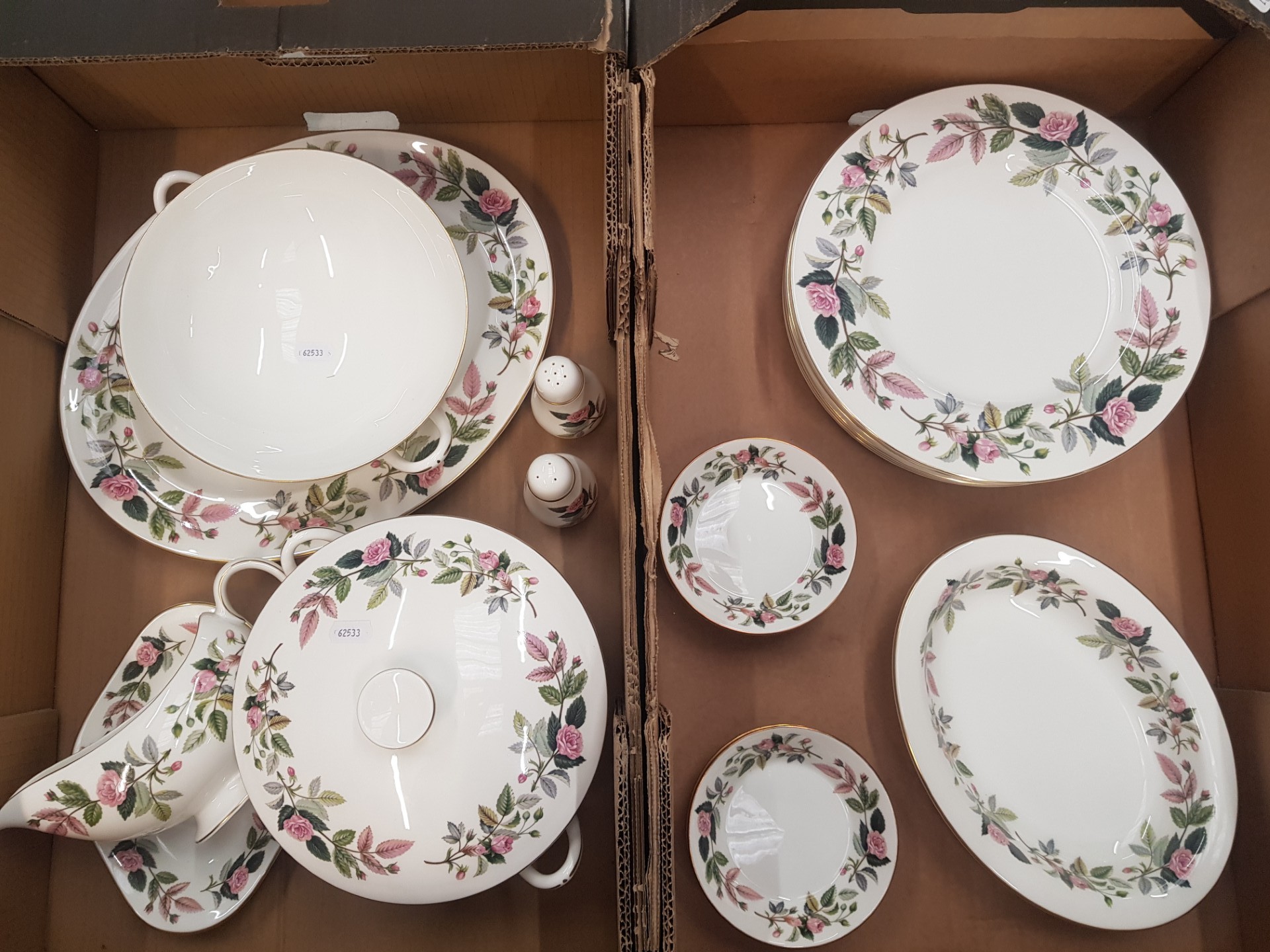 Wedgwood Hathaway Rose pattern dinnerware items to include 7 dinner plates, oval platter, gravy boat