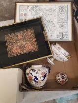 A mixed collection of items to include a boxed Mason's Pot Pourri jar, framed map of Derbyshire,