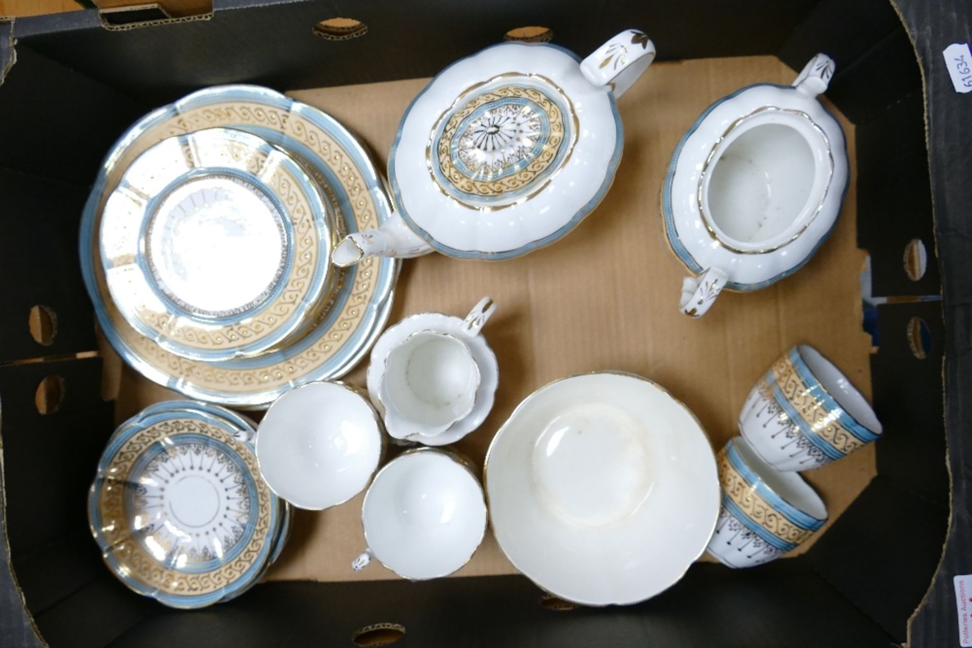 Victorian Teaset in Peach and Blue to include teapot, milk jug, sugar bowl, teapot etc. (1 Tray)