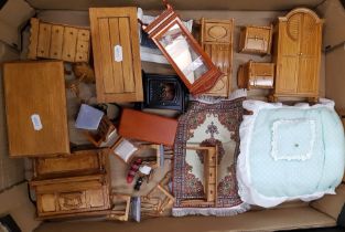 A good collection of dolls house furniture and accessories, bedroom and living room theme (1 tray).