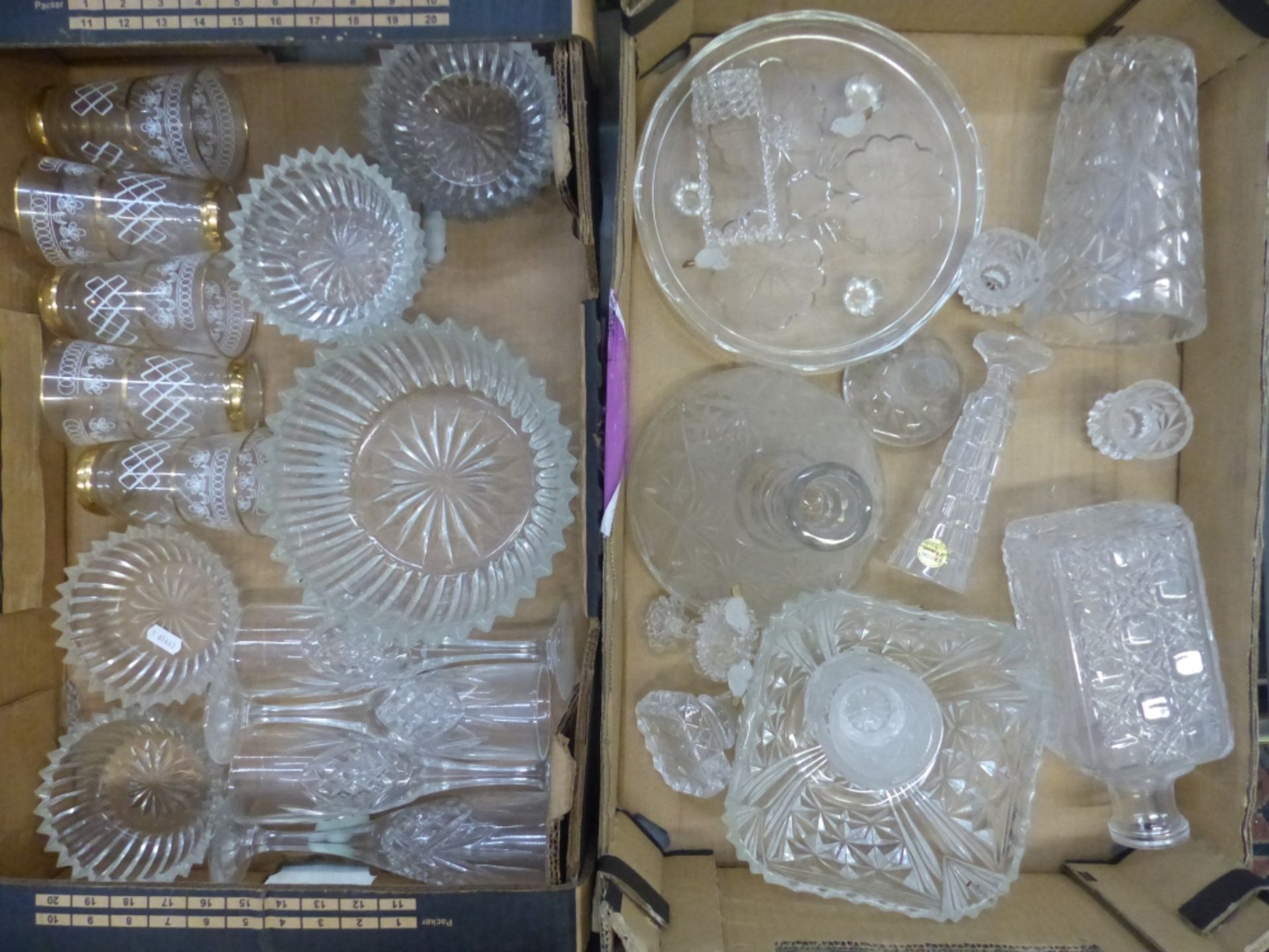 A collection of glass and crystal items to include Tutbury, Georgian Crystal Ltd etc (2 trays).