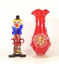 Murano glass clown together with handblown red vase (2)