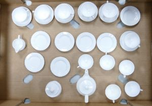 Spode miniature white teaware to include teapot, milk jug, lidded sugar pot, 10 cups, 6 saucers