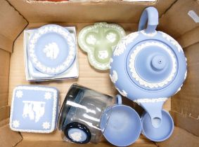 A collection of Wedgwood Jasperware items to include blue teapot, cup, salt celler, trinket