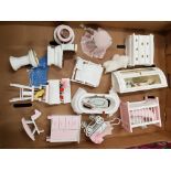A good collection of dolls house furniture and accessories, bathroom and nursery theme (1 tray).