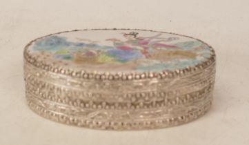 Early-Mid 20th Century Cantonese White Metal Lidded Box with Porcelain Panel painted in Polychrome
