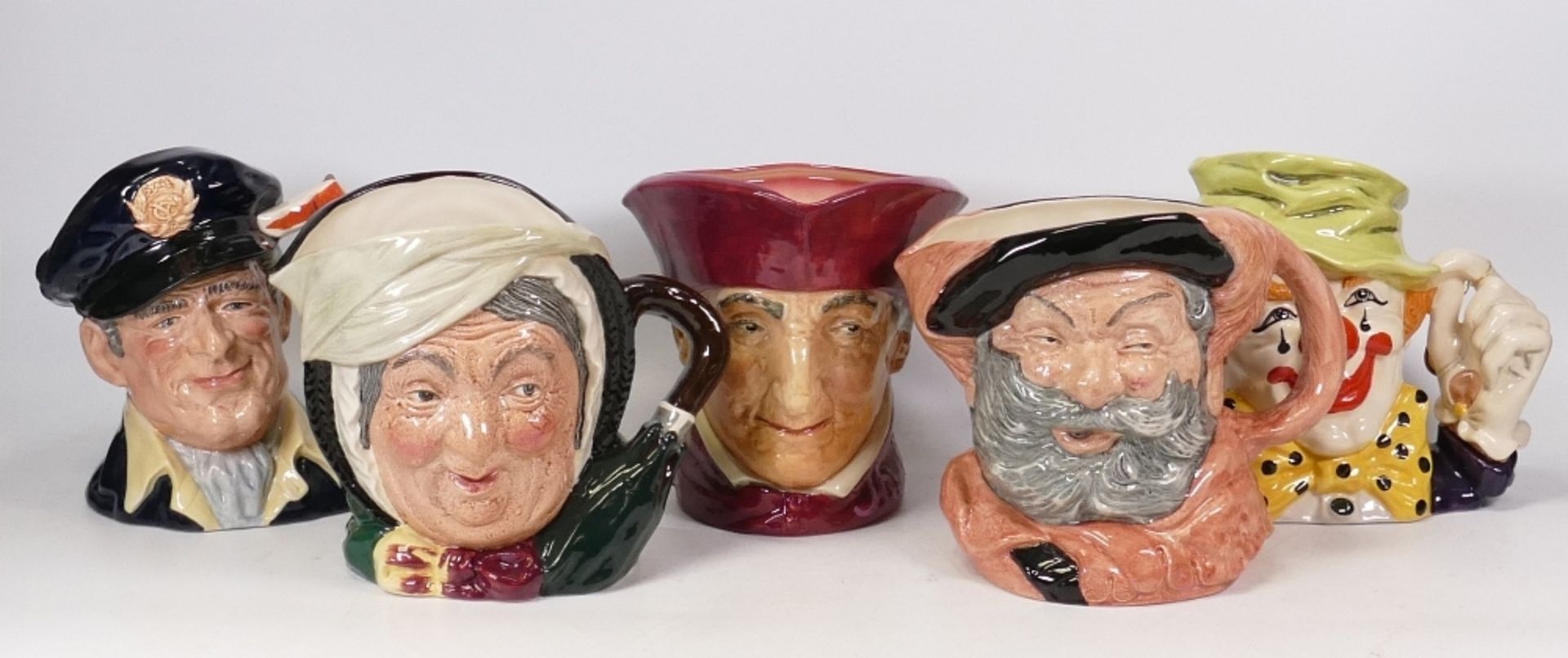 Royal Doulton large character jugs to include Falstaff D6287, Clown D6834, Yachtsman D6820 (2nds),