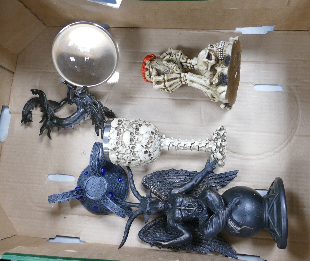 A mixed collection of items to include mystical Witches Ball, resin skull theme goblet &