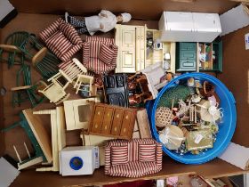 A good collection of dolls house furniture and accessories, kitchen and dining room theme (1 tray).