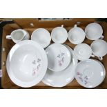 Royal Doulton Pillar Rose tea and dinnerware items to include 6 saucers, dinner plate, cake plate, 6