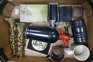 A Mixed Collection of Items to include Onyx and Brass Box, Soda Siphon, Brass Candlesticks, Junghams