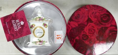 Boxed Royal Albert Old Country Rose patterned miniature mantle clock