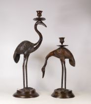 A Pair of Bronze Indian Candlesticks in the form of two Wading Herons. Height of tallest: 47cm(2)
