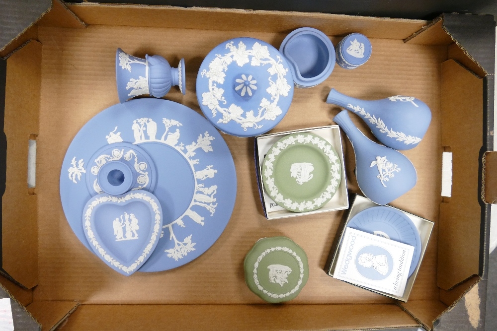 A collection of Wedgwood Jasperware including plates, pin dishes, vases, lidded boxes etc