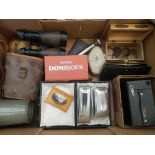 A mixed collection of items to include a cased pair of binoculars, small pre-decimal coin