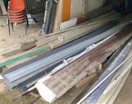 3 bays of metalwork fencing, PVC boards, tyres, various lengths of wood, etc