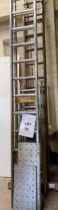 4 various sized ladders including roofing ladder and 15 step double extending ladder