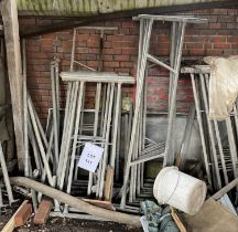 Aluminium scaffold tower, wheels and supports in Outside Shed.