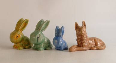 Wade Heath Flaxman ware small rabbit, mottled rabbit, green rabbit and dog (4)