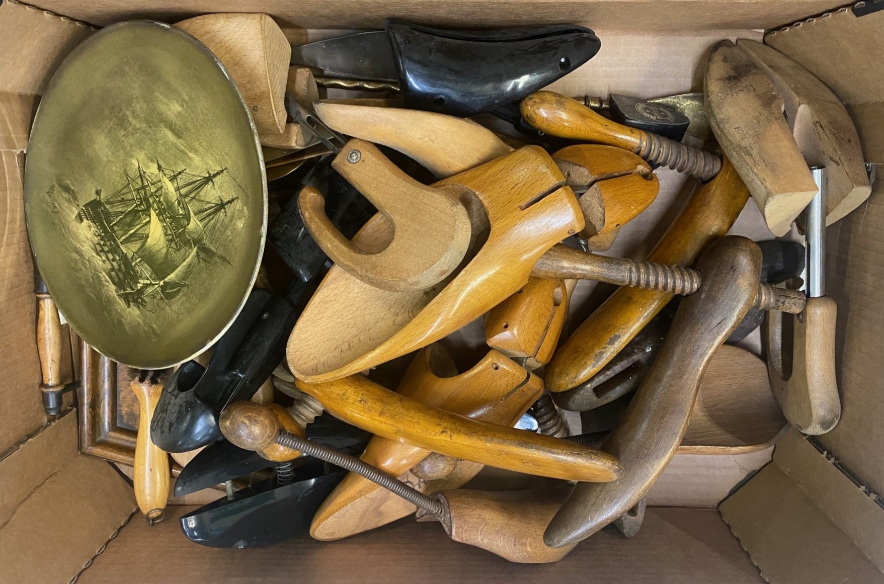 A Mixed Collection of Mostly Shoe Lasts, Shoe Horns, Edwardian Crumb Tray and one Ridgways Royal