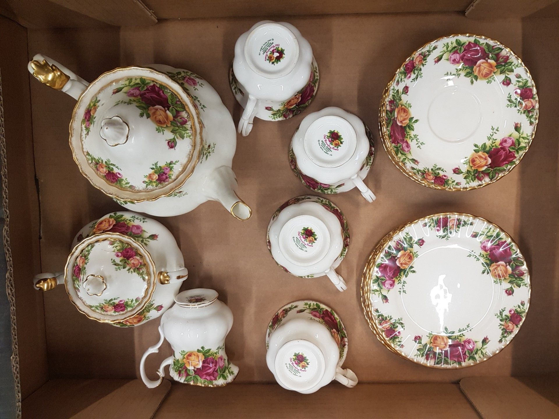 Royal Albert Old Country Roses pattern tea ware to include a medium teapot, lidded sugar bowl, small