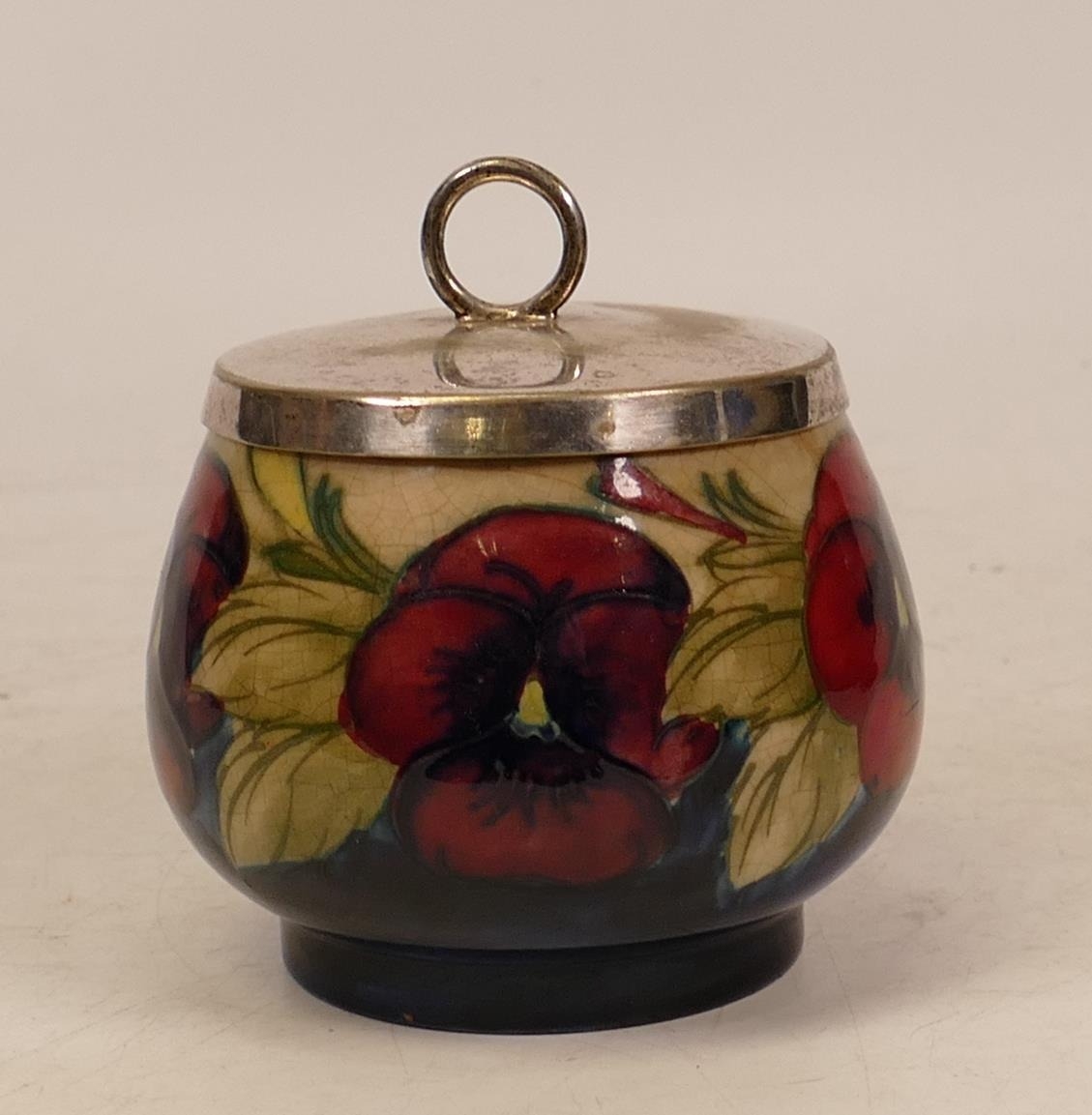 William Moorcroft Pansy Preserve Pot with Silver Plated Cover c.1920