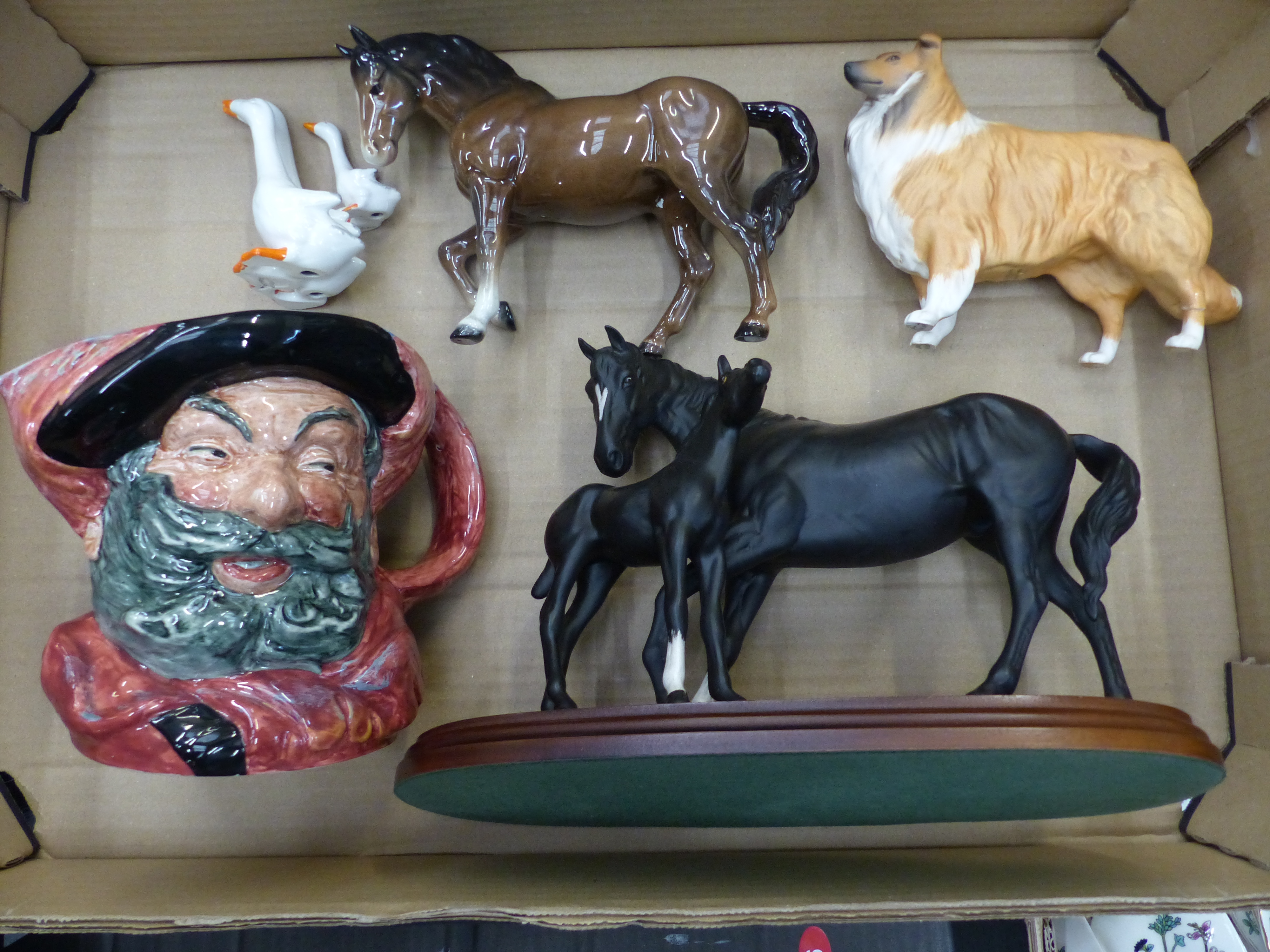 Beswick Black beauty and foal on plinth, stocky jogging mare (nip to ears), matt rough collie,